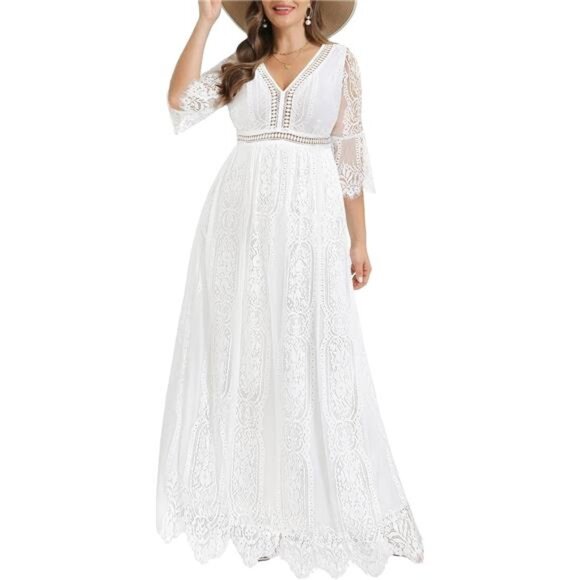 Plus Size Wedding Dress Boho - Maxi Bridal Shower Bohemian Formal Lace Long - Picture 1 of 6